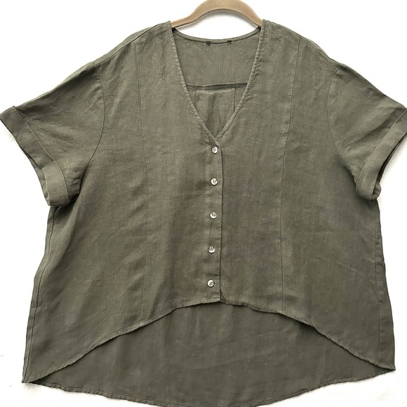 Ruti Tops - Ruti Drifter S/M Oversized 100% Linen Hi-lo Top Lagenlook Olive Artsy Nonchalant